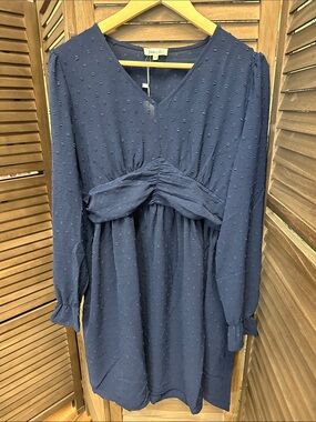 Navy Long-Sleeve V-Neck Textured Dress